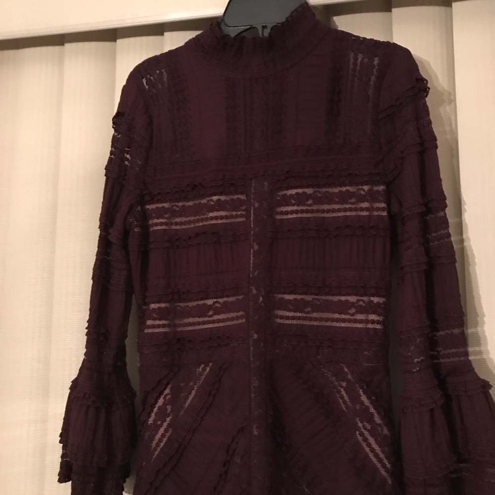 Cinq a sept wine lace and nude peplum top